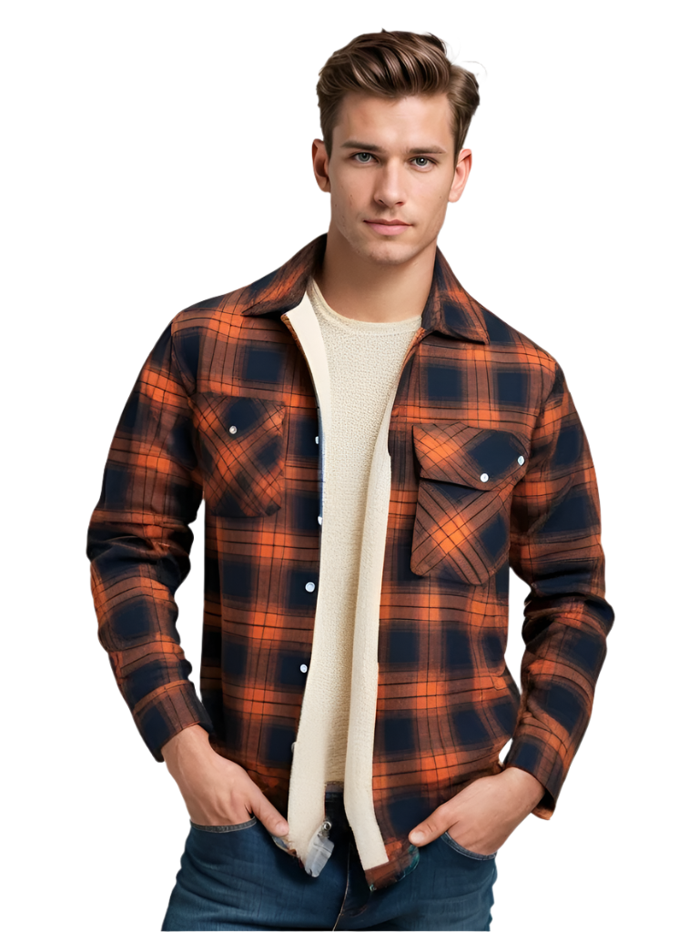 Men's Plaid Fleece-Lined Button-Up Winter Jacket