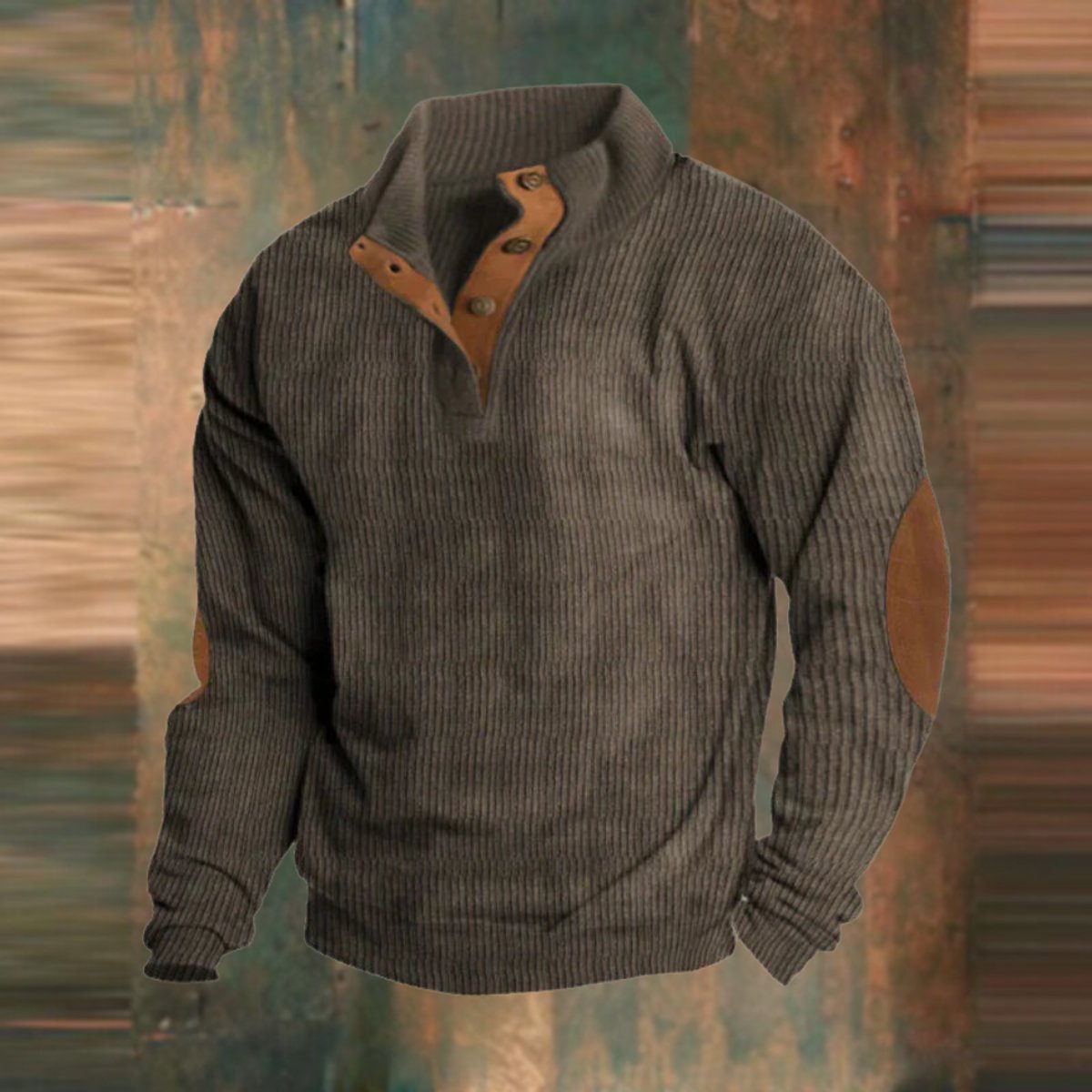 Men's Ribbed Knit Pullover Sweater with Stand Collar and Elbow Patches