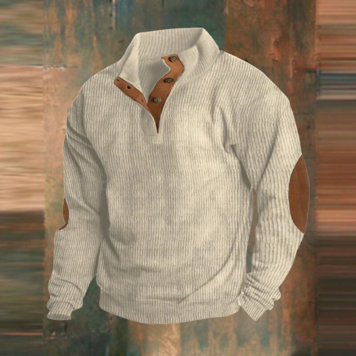 Men's Ribbed Knit Pullover Sweater with Stand Collar and Elbow Patches