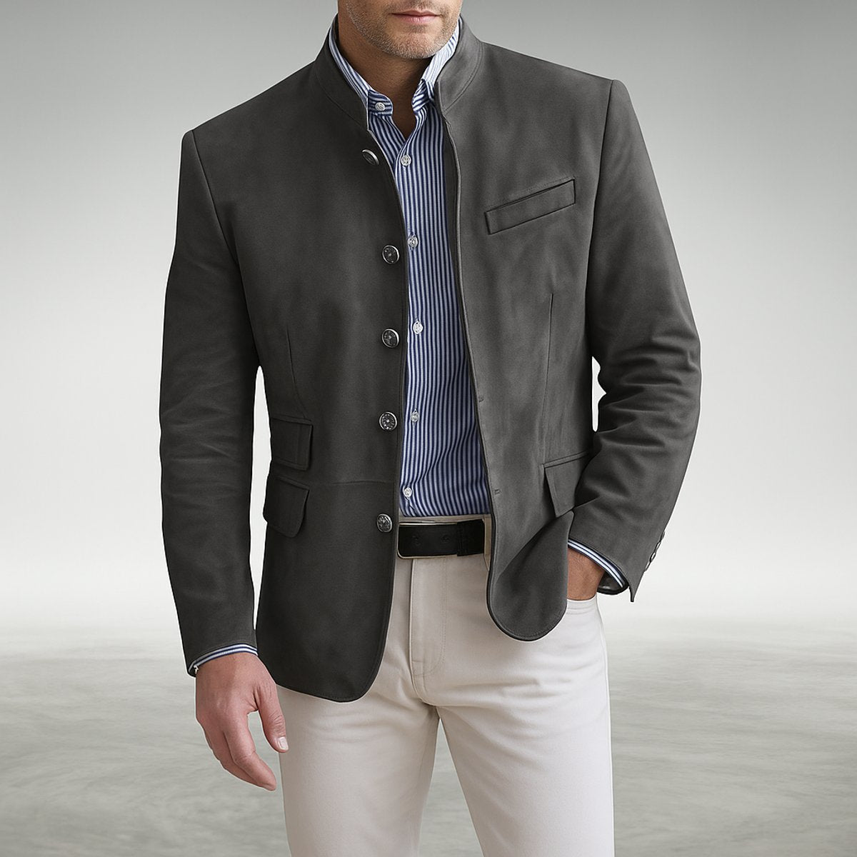 Men's Structured Mandarin-Collar Button-Front Blazer Jacket