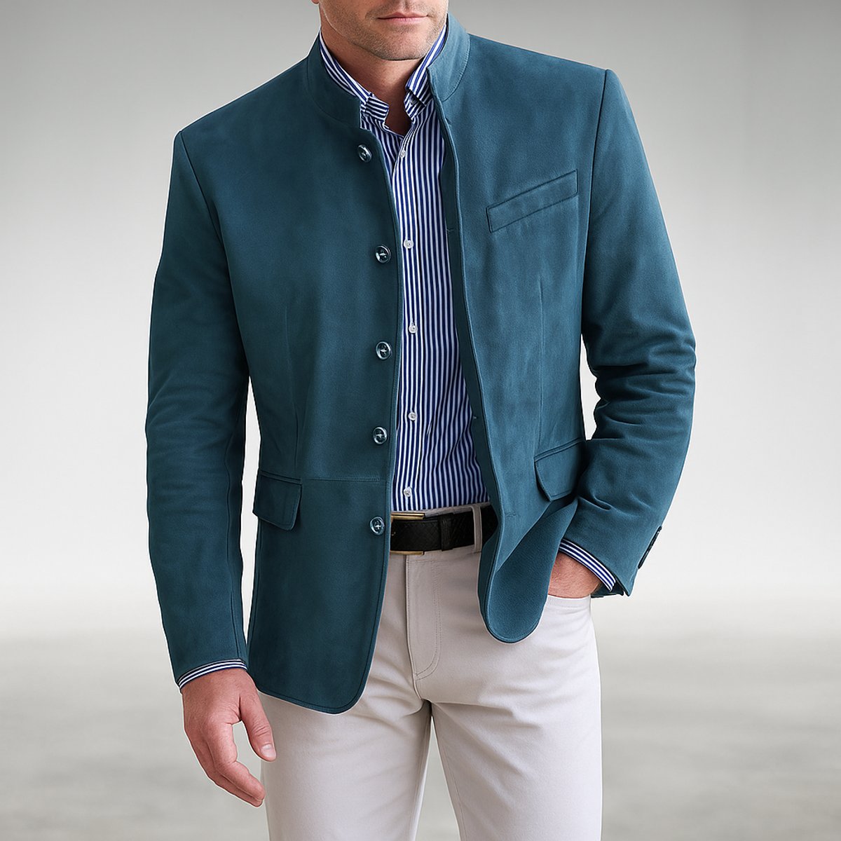 Men's Structured Mandarin-Collar Button-Front Blazer Jacket