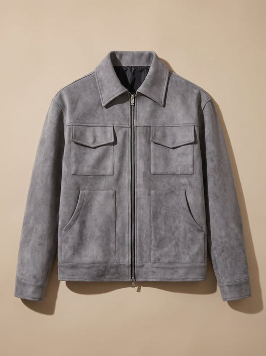 Men's Suede Full-Zip Trucker Jacket with Shirt Collar