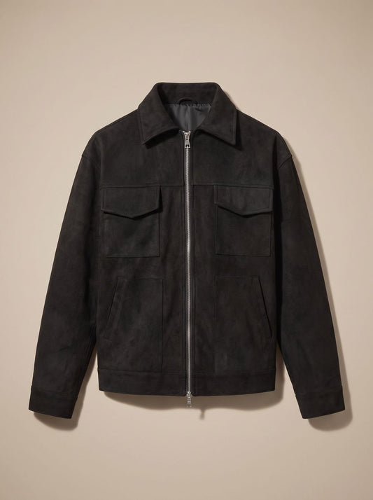Men's Suede Full-Zip Trucker Jacket with Shirt Collar