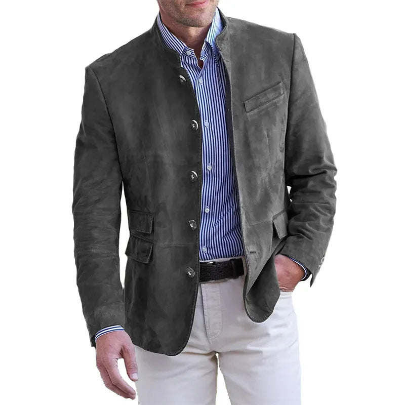 Men's Suede Leather Blazer with Stand Collar and Flap Pockets