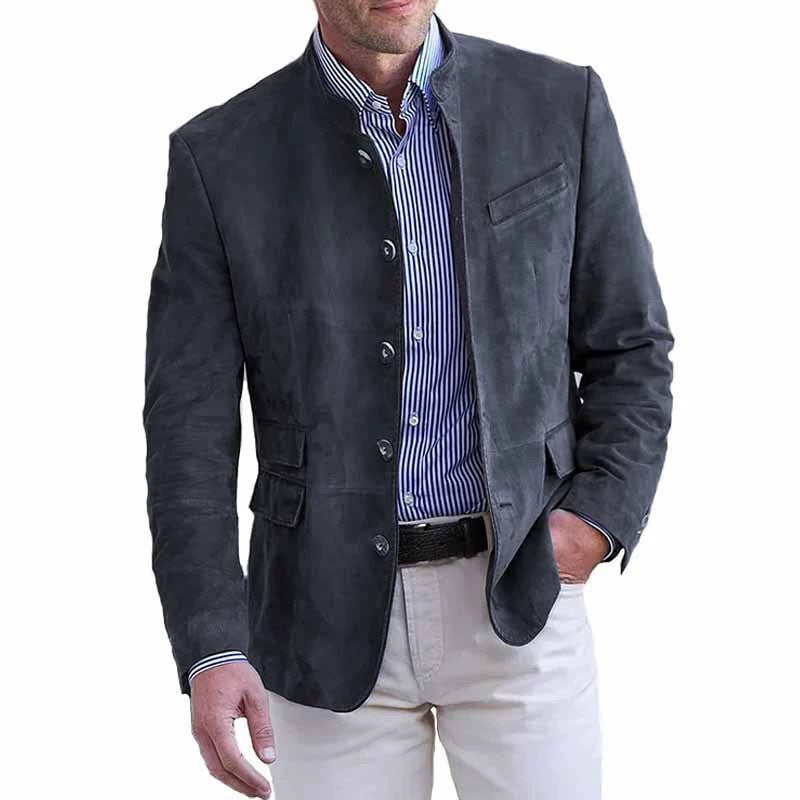 Men's Suede Leather Blazer with Stand Collar and Flap Pockets