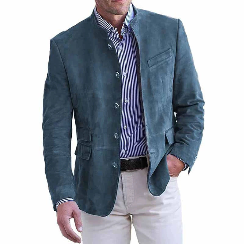 Men's Suede Leather Blazer with Stand Collar and Flap Pockets