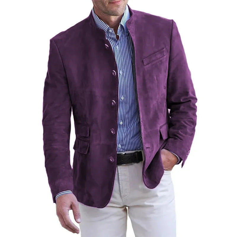 Men's Suede Leather Blazer with Stand Collar and Flap Pockets