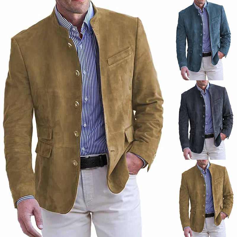 Men's Suede Leather Blazer with Stand Collar and Flap Pockets
