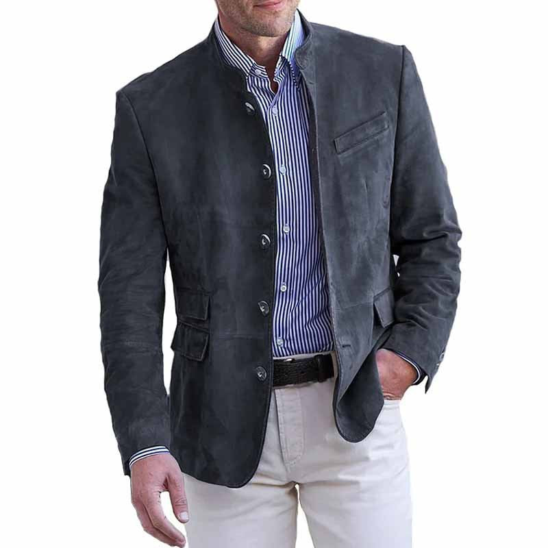 Men's Suede Leather Blazer with Stand Collar and Flap Pockets
