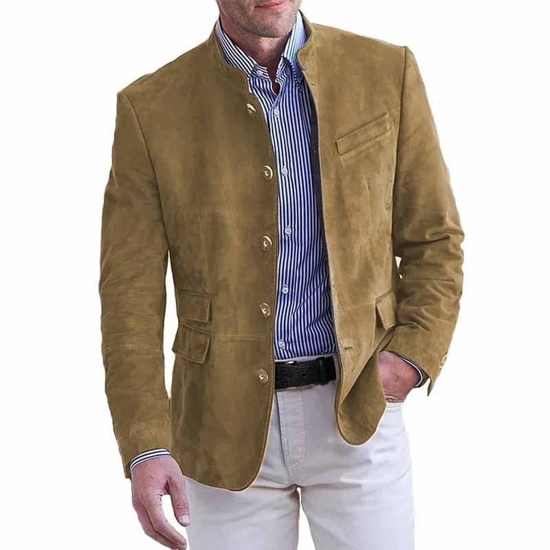 Men's Suede Leather Blazer with Stand Collar and Flap Pockets