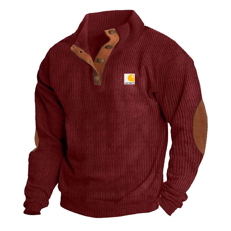 Men's Troyer-Style Knitted Pullover with Stand-Up Collar, Leather Trim, Snap Button Placket, and Elbow Patches