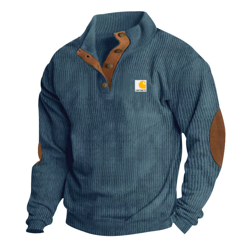 Men's Troyer-Style Knitted Pullover with Stand-Up Collar, Leather Trim, Snap Button Placket, and Elbow Patches