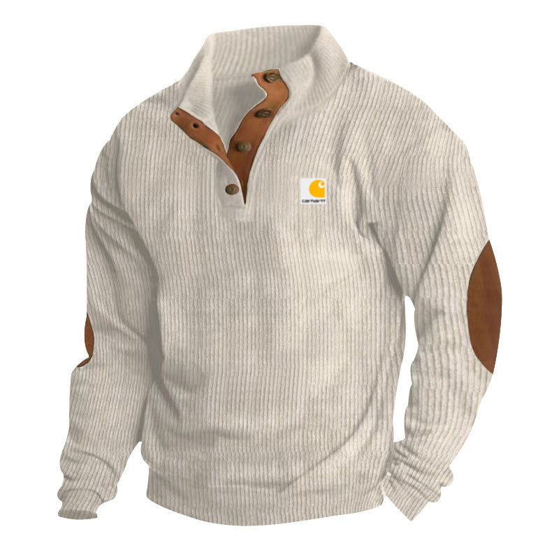 Men's Troyer-Style Knitted Pullover with Stand-Up Collar, Leather Trim, Snap Button Placket, and Elbow Patches