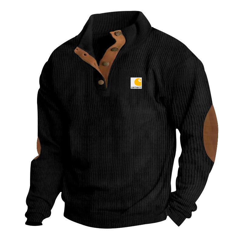 Men's Troyer-Style Knitted Pullover with Stand-Up Collar, Leather Trim, Snap Button Placket, and Elbow Patches