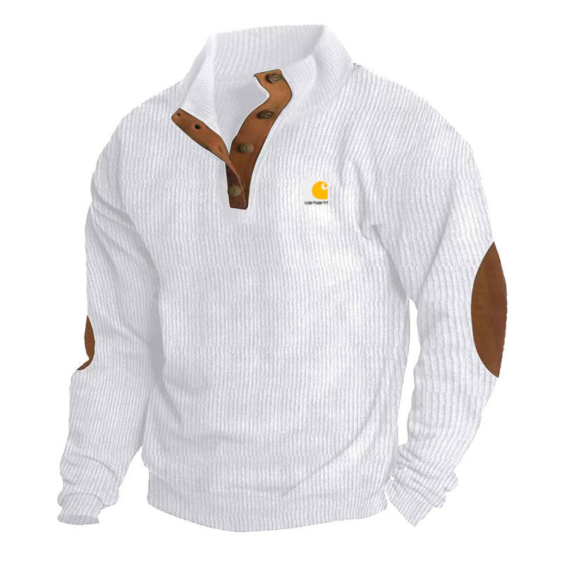 Men's Troyer-Style Knitted Pullover with Stand-Up Collar, Leather Trim, Snap Button Placket, and Elbow Patches