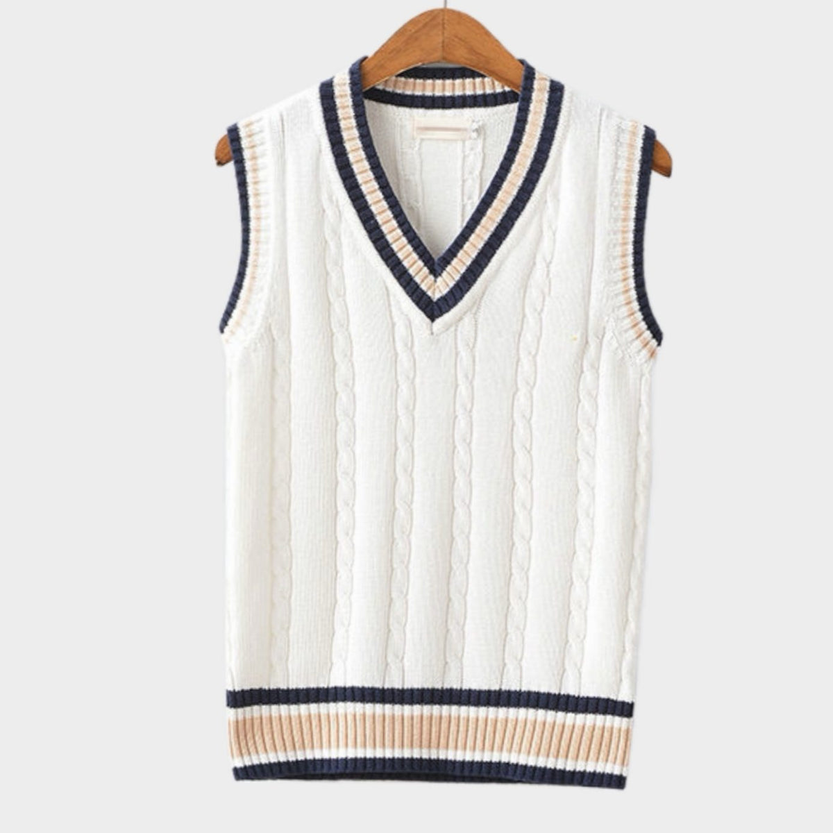 Men's V-Neck Cable-Knit Striped-Trim Sleeveless Sweater Vest