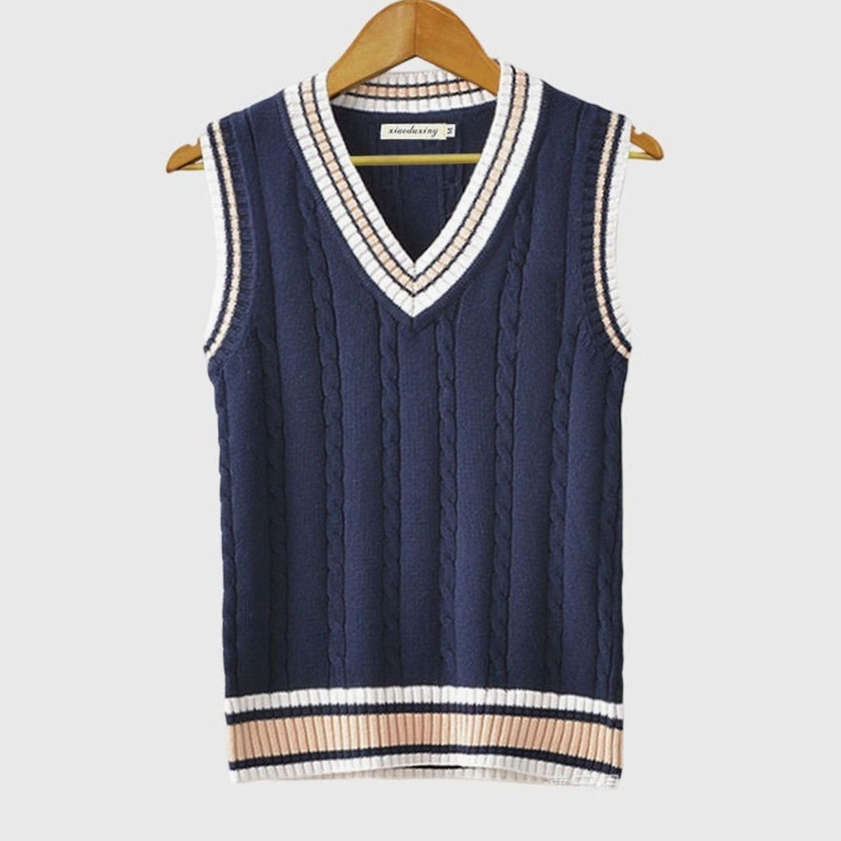 Men's V-Neck Cable-Knit Striped-Trim Sleeveless Sweater Vest