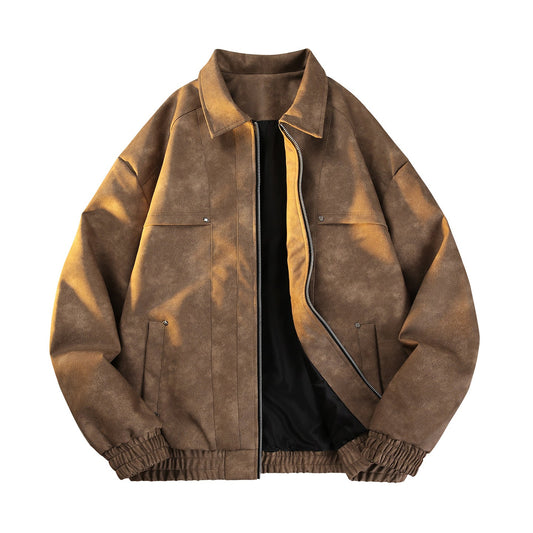 Men's Vintage-Inspired Velour-Look Transitional Jacket with Two-Way Zipper, Elastic Hem & Flap Pockets