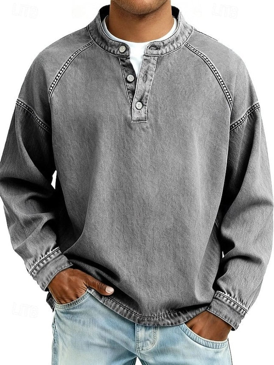 Men's Vintage Washed Long Sleeve Henley Knit Sweater Pullover