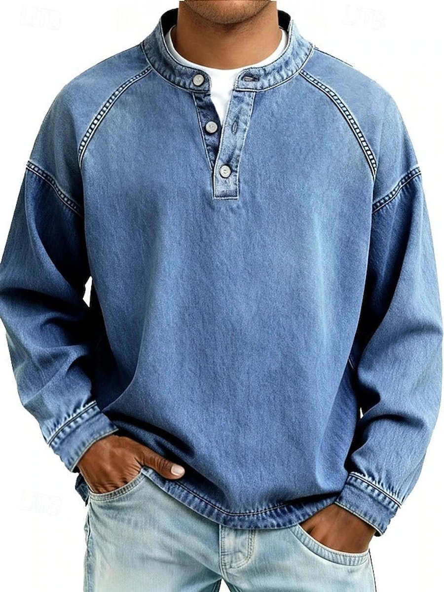 Men's Vintage Washed Long Sleeve Henley Knit Sweater Pullover