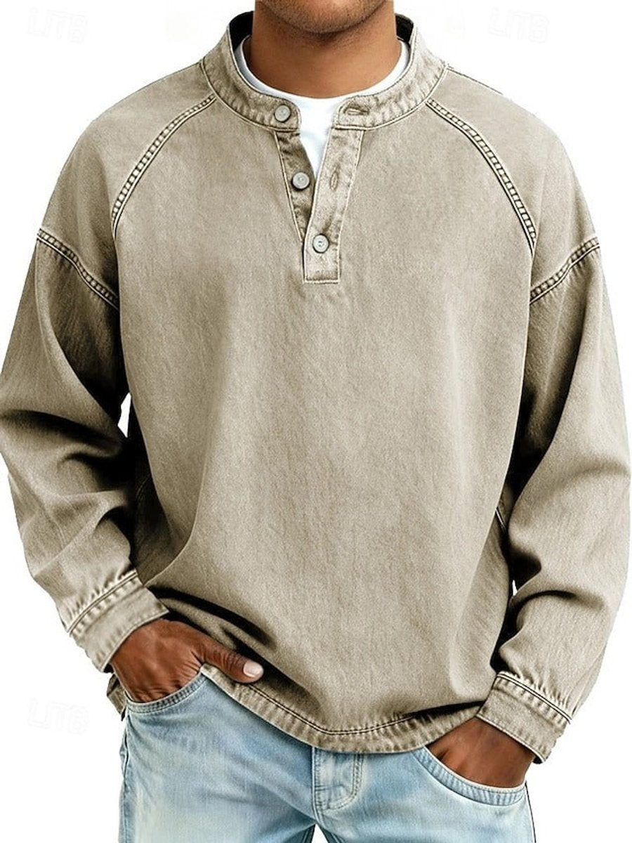 Men's Vintage Washed Long Sleeve Henley Knit Sweater Pullover