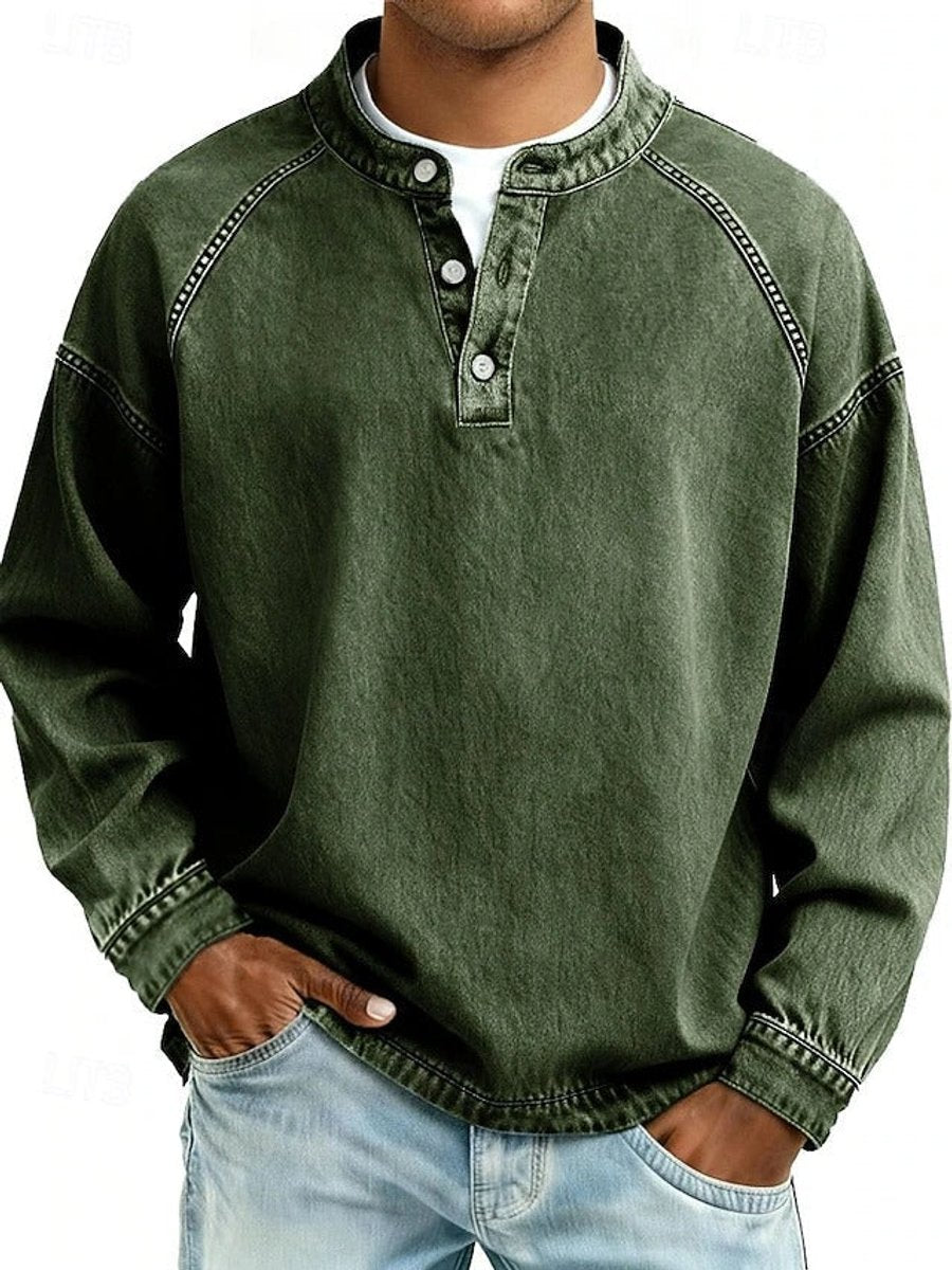 Men's Vintage Washed Long Sleeve Henley Knit Sweater Pullover