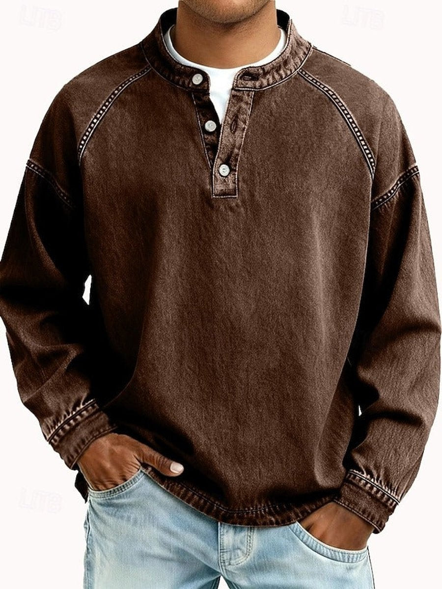 Men's Vintage Washed Long Sleeve Henley Knit Sweater Pullover