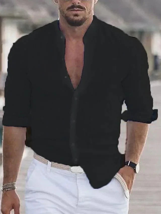 Image of Men's Band Collar Long Sleeve Shirt