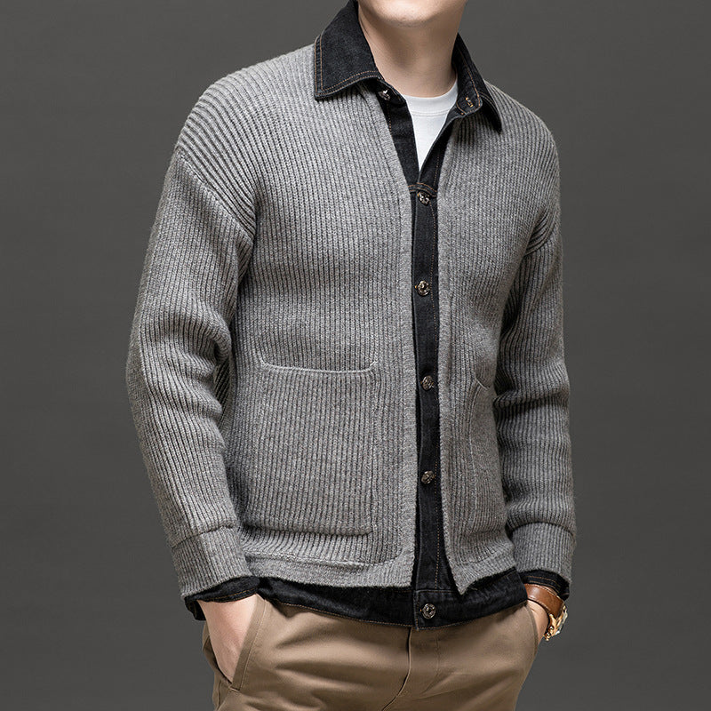 Image of Men's Button-Down Denim Cardigan Sweater
