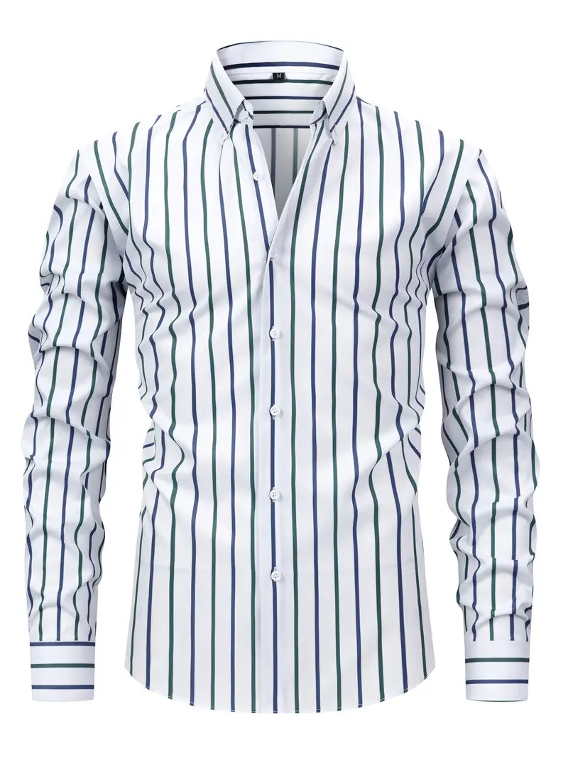 Image of Men's Button-Down Striped Long Sleeve Polo Shirt