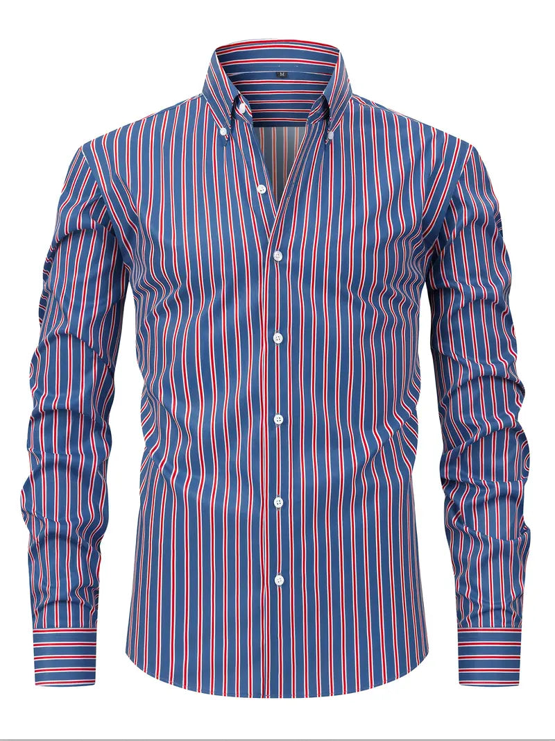Image of Men's Button-Down Striped Long Sleeve Polo Shirt