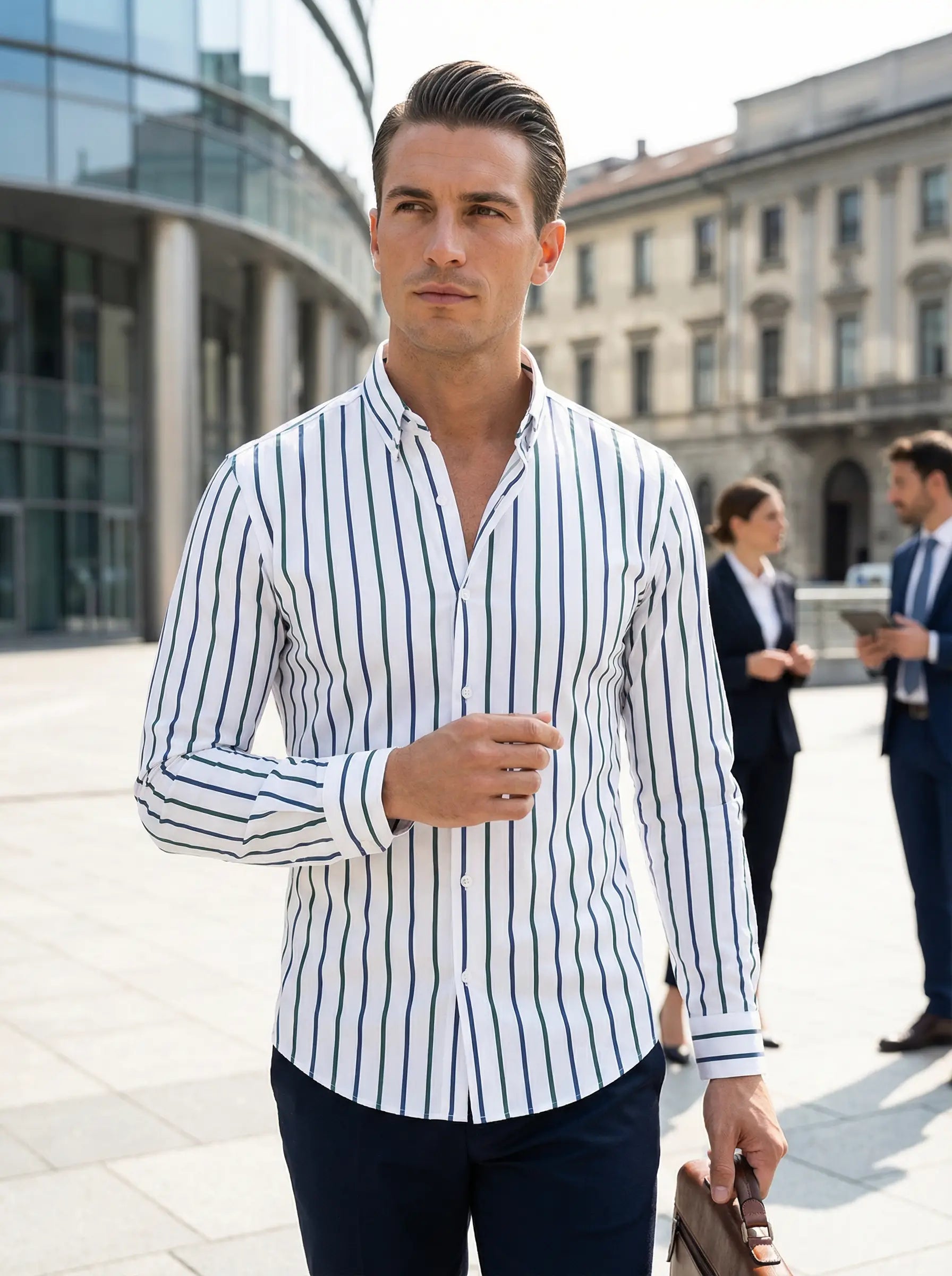 Image of Men's Button-Down Striped Long Sleeve Polo Shirt