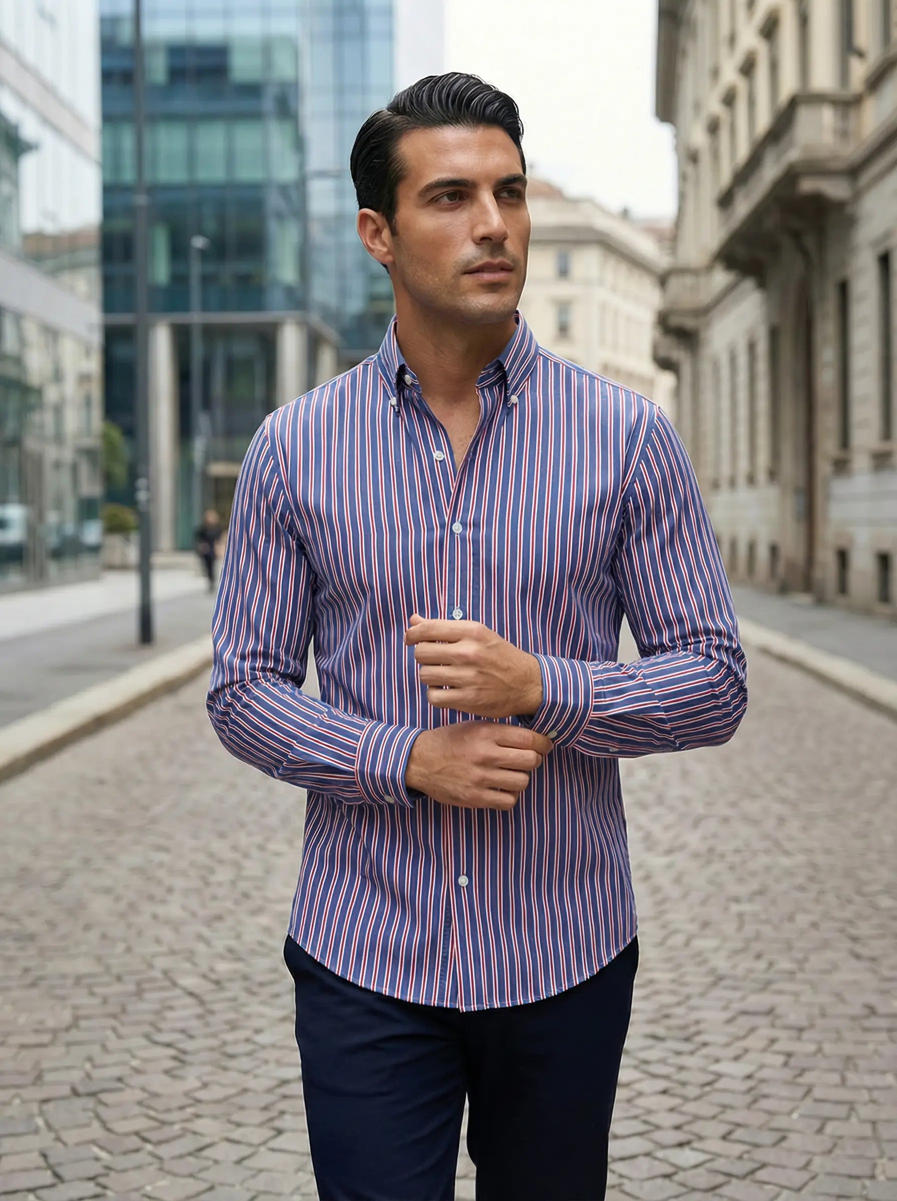 Image of Men's Button-Down Striped Long Sleeve Polo Shirt