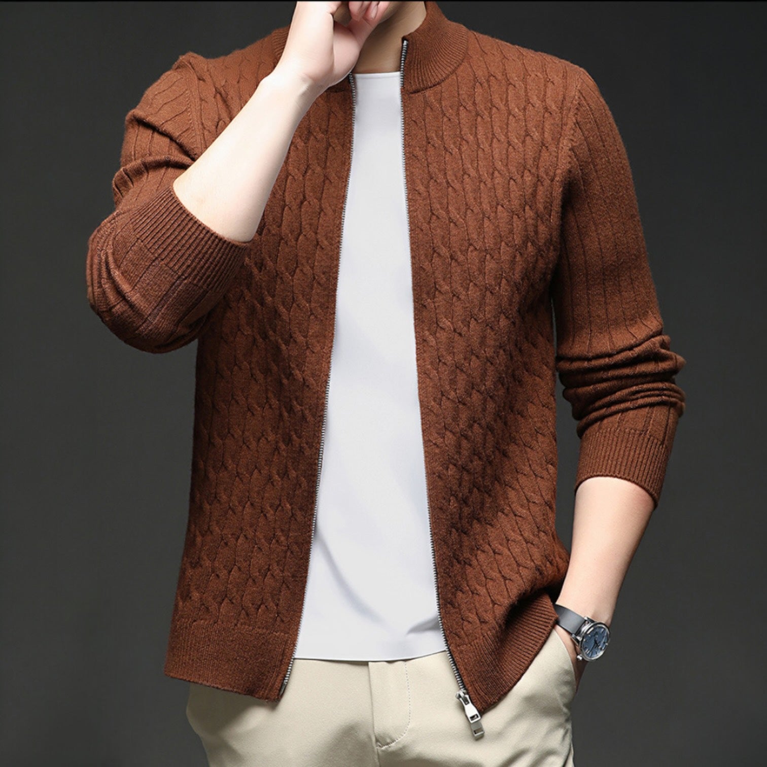 Image of Men's Full Zip Cable Knit Sweater