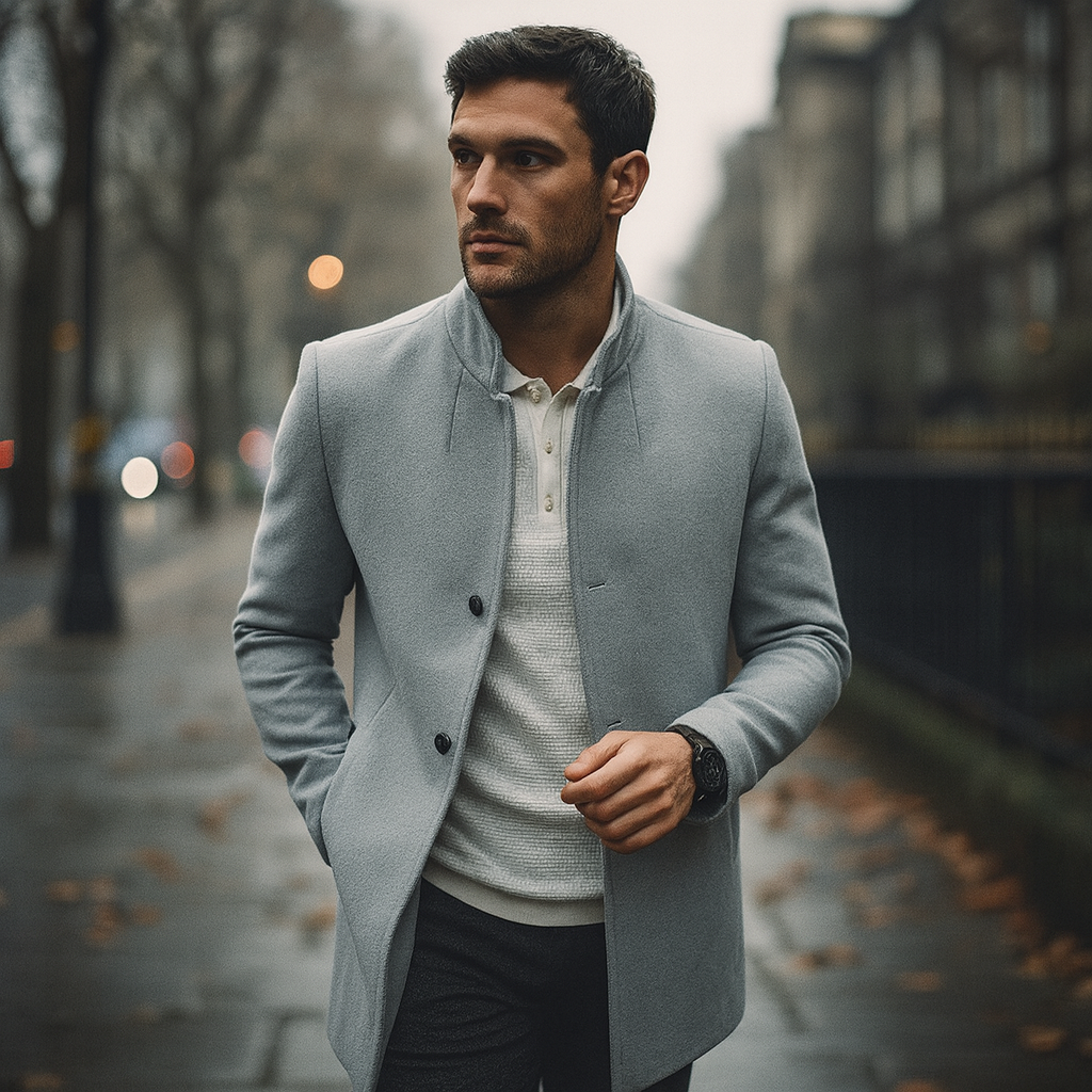 Image of Men's Stand Collar Mid-Length Coat