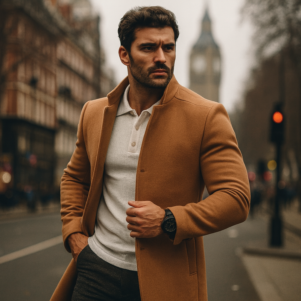 Image of Men's Stand Collar Mid-Length Coat