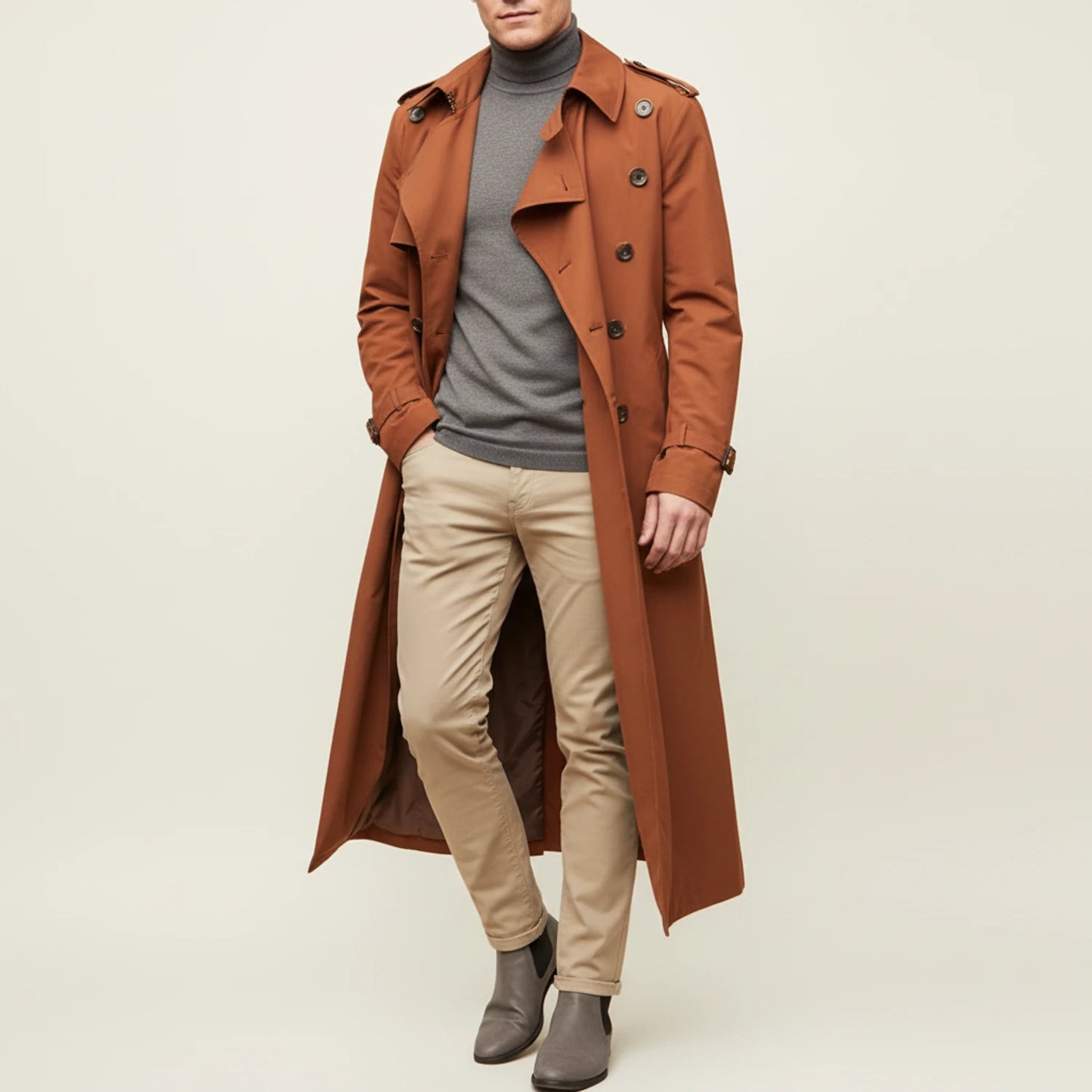 Men's Double-Breasted Long Coat