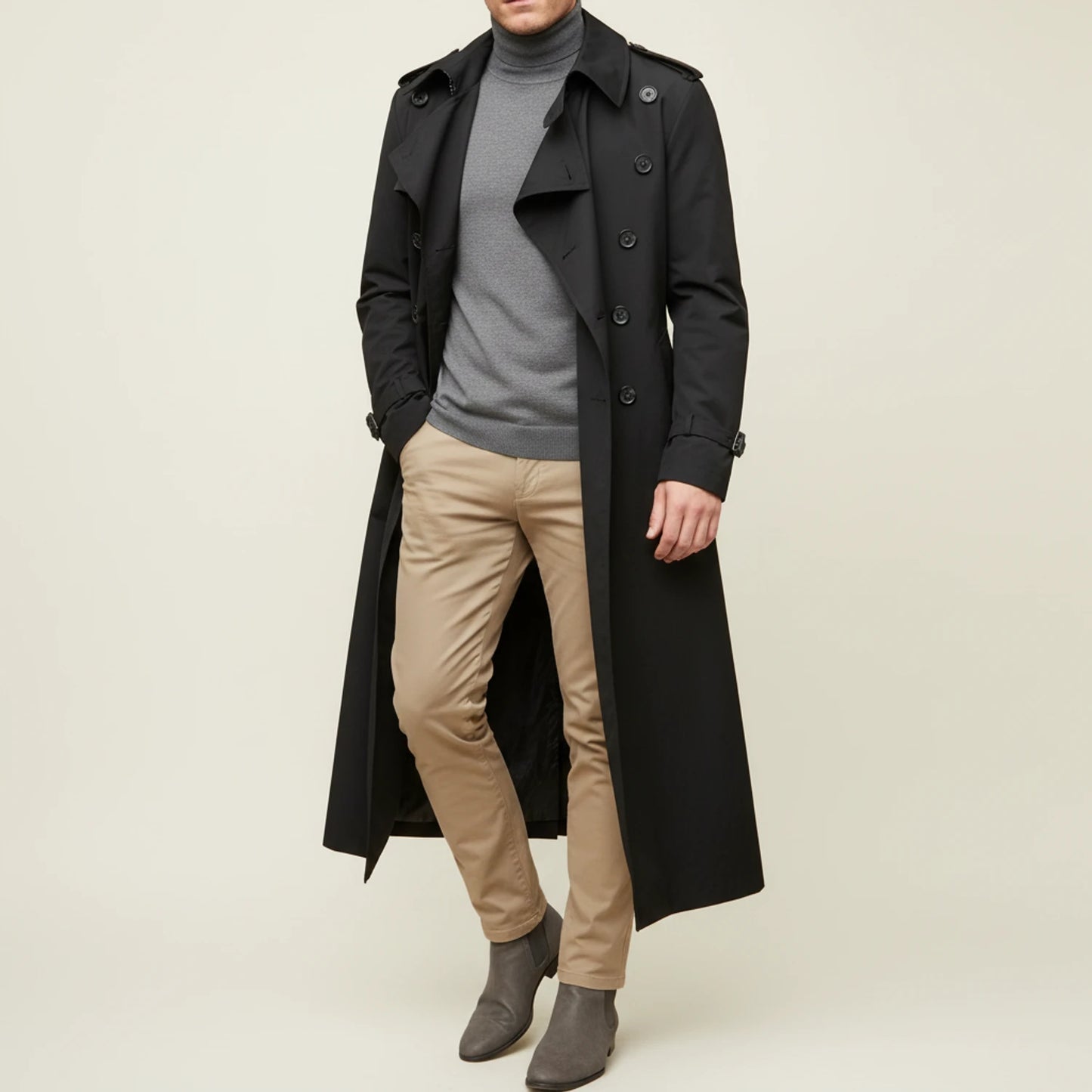 Men's Double-Breasted Long Coat