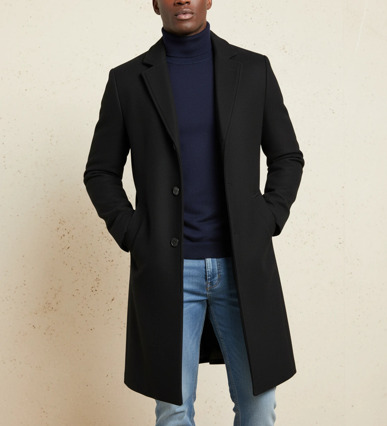 OVERCOAT ドルマンスリーブコート ノッチドラペルチェスター 1 ブラック Men's Notch Lapel Long Single-Breasted Overcoat – Closora