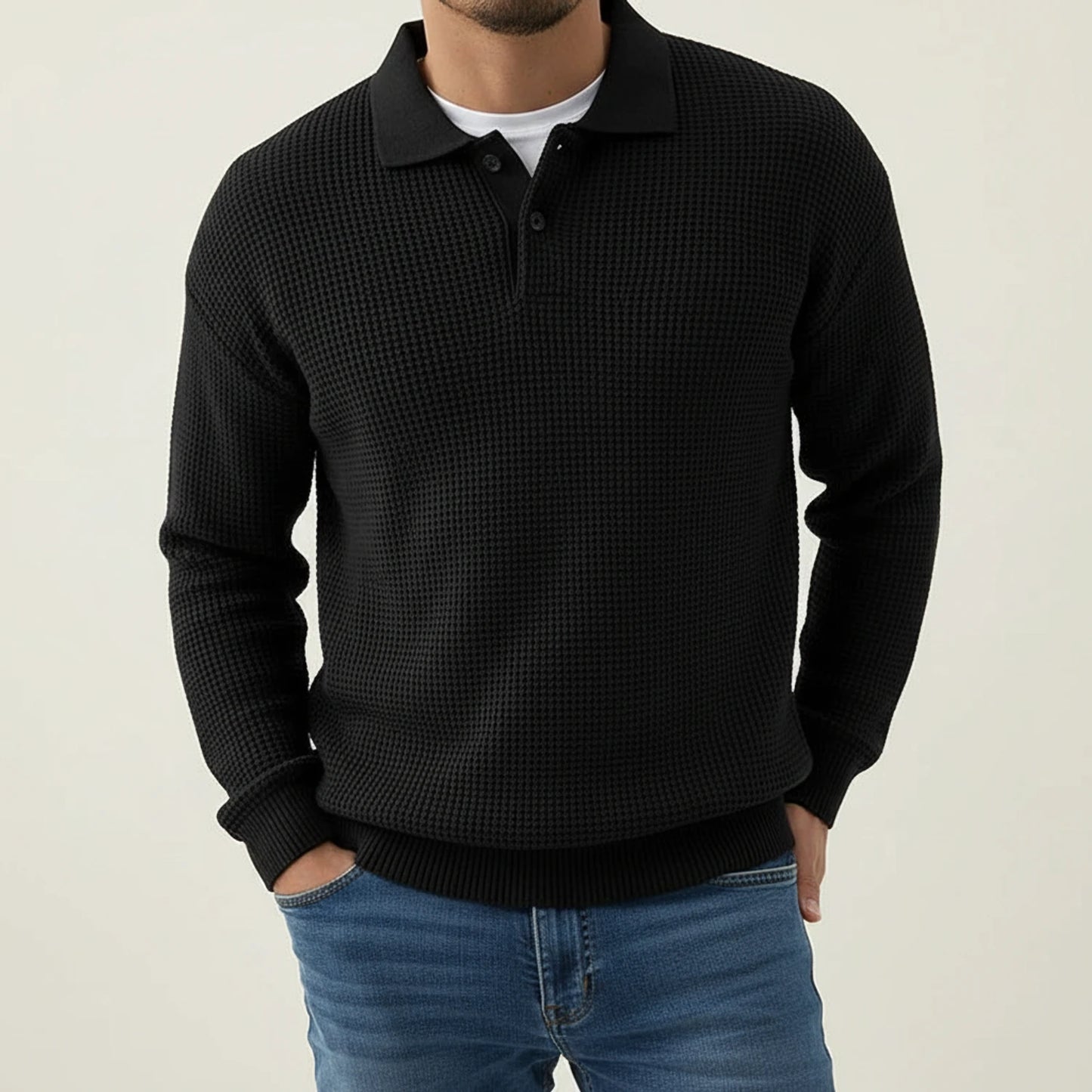 Men's Long-Sleeve Knit Polo Sweater