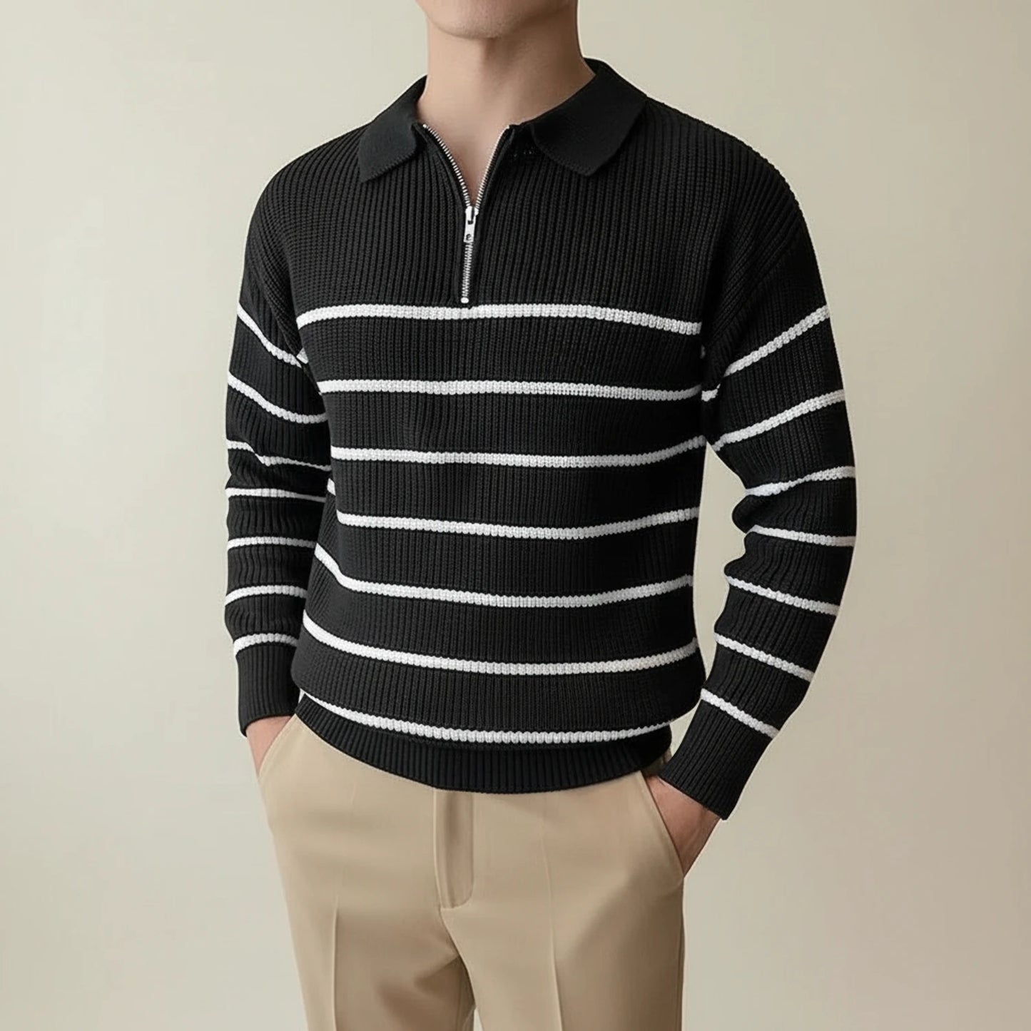 Men's Striped Quarter-Zip Polo Sweater