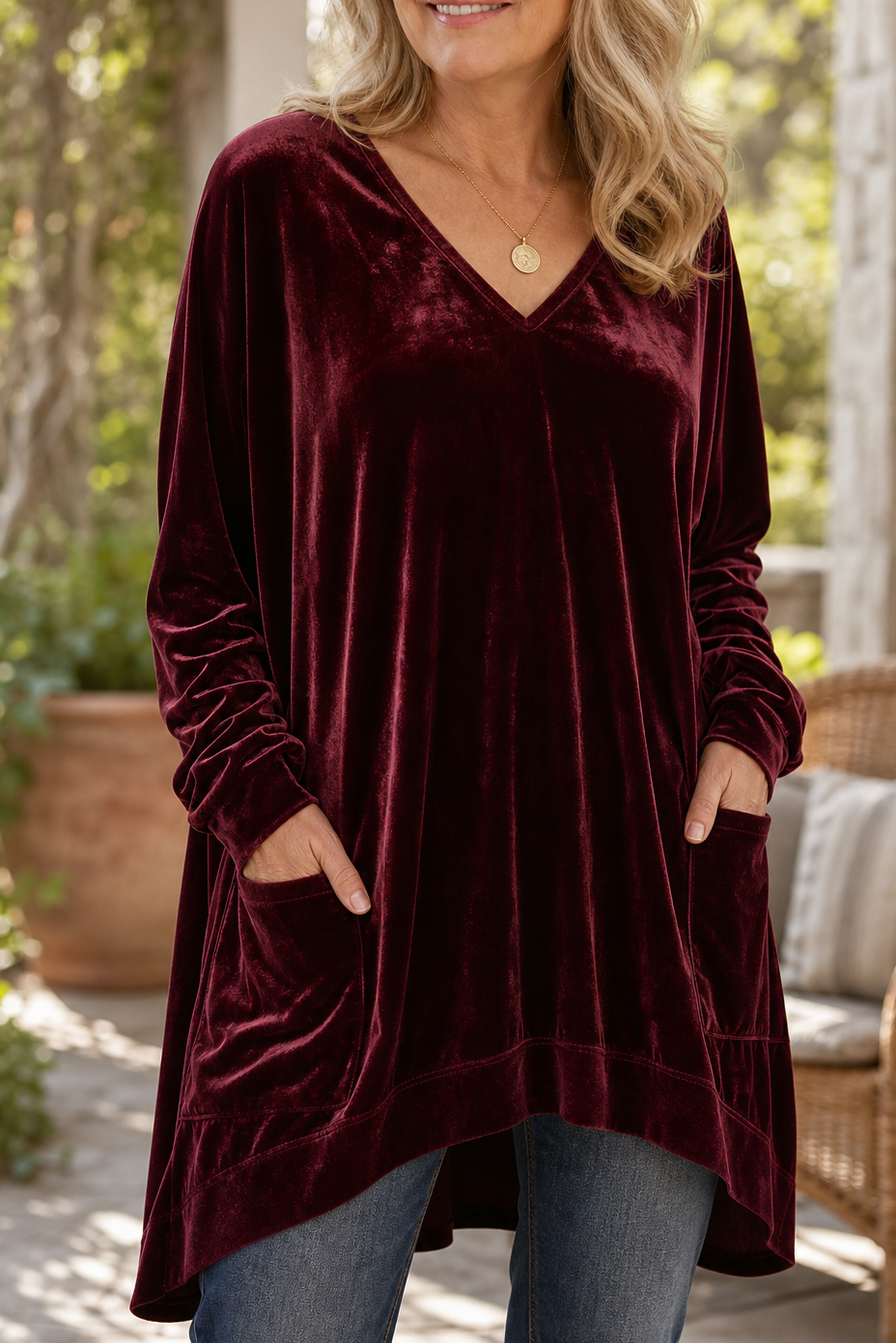 Oversized Pocketed V-Neck Velvet-Look Tunic