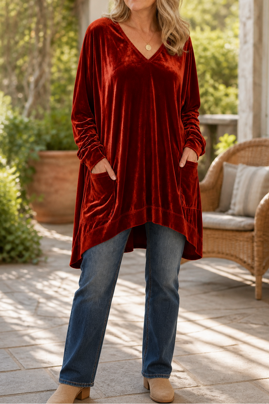 Oversized Pocketed V-Neck Velvet-Look Tunic