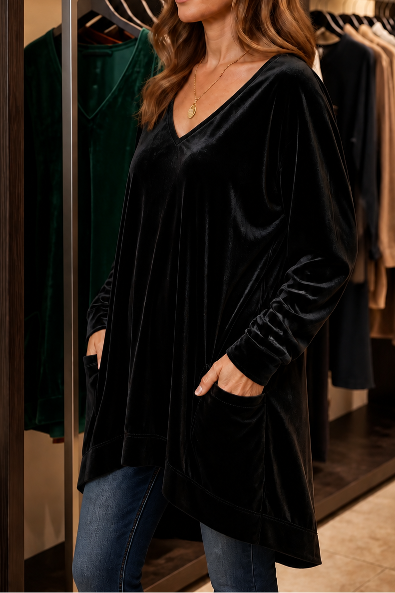 Oversized Pocketed V-Neck Velvet-Look Tunic