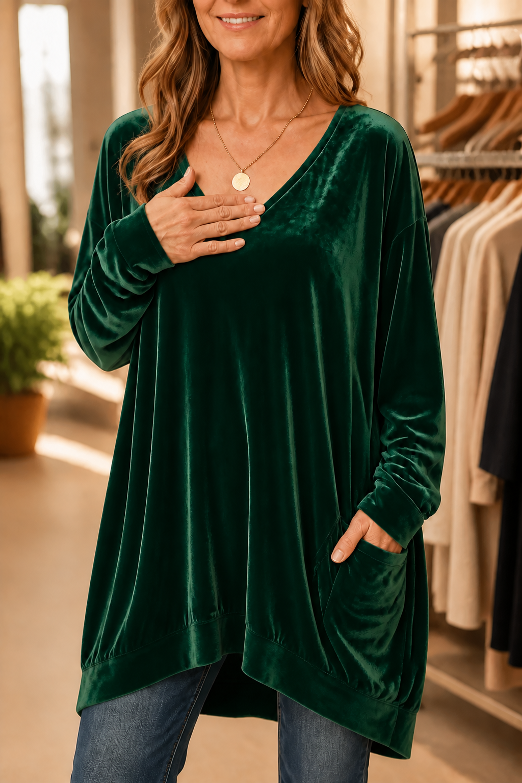 Oversized Pocketed V-Neck Velvet-Look Tunic