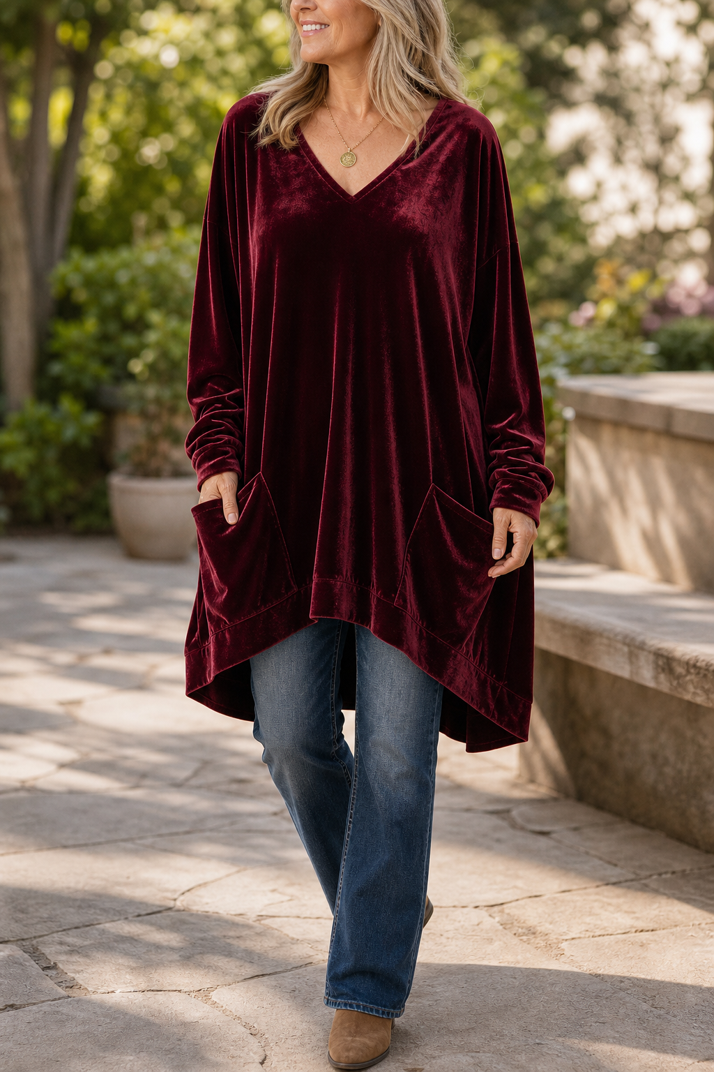 Oversized Pocketed V-Neck Velvet-Look Tunic