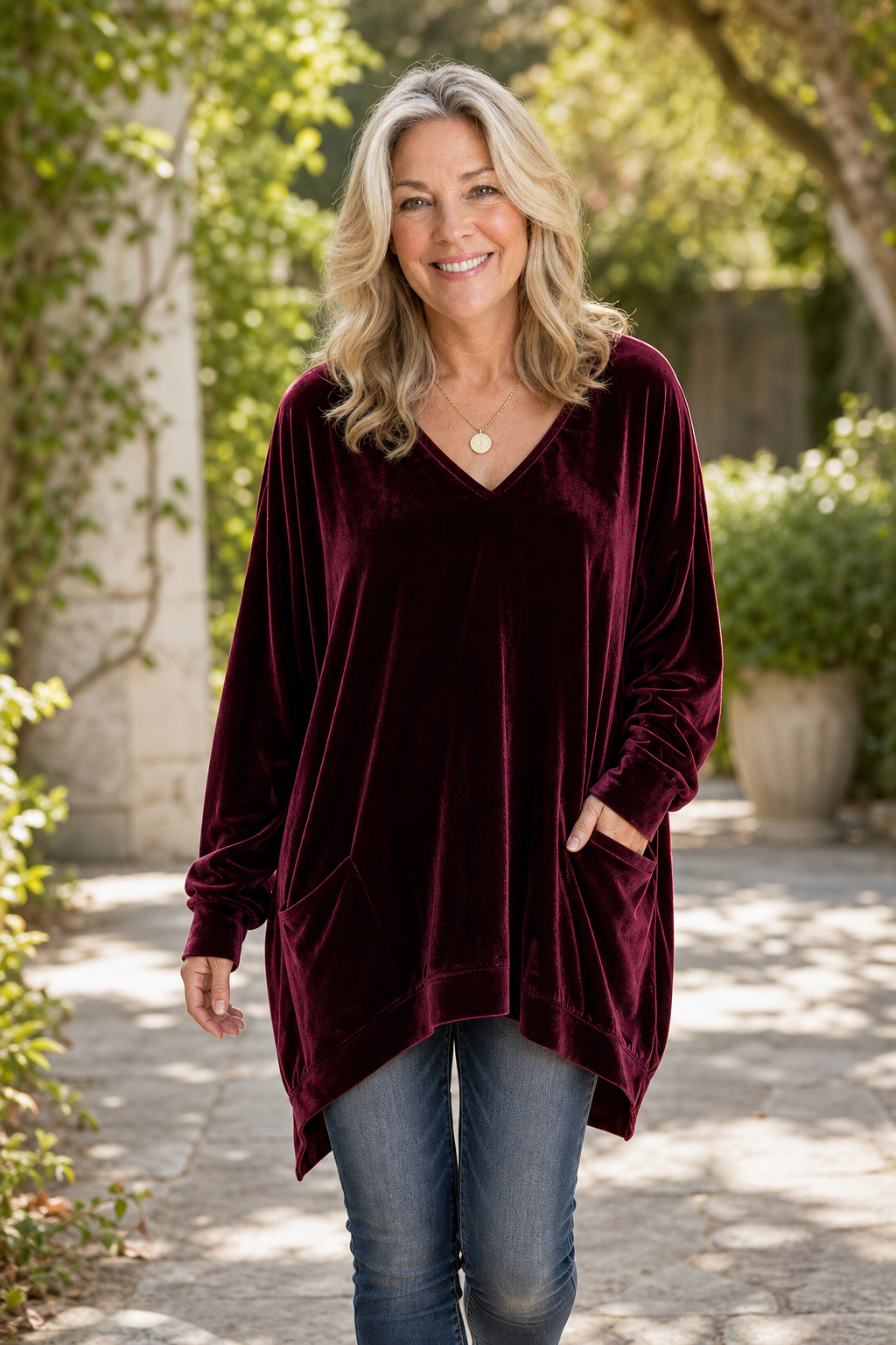 Oversized Pocketed V-Neck Velvet-Look Tunic