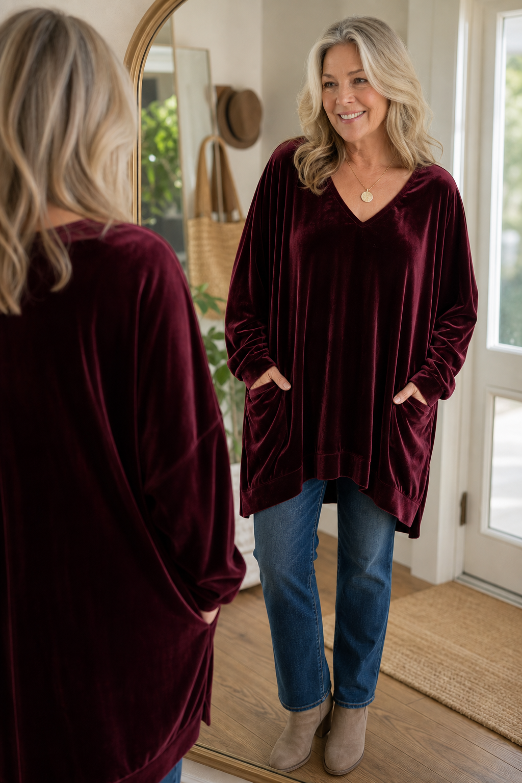 Oversized Pocketed V-Neck Velvet-Look Tunic