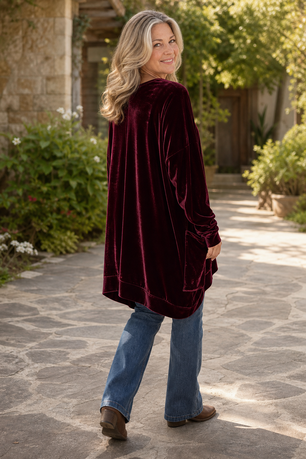 Oversized Pocketed V-Neck Velvet-Look Tunic