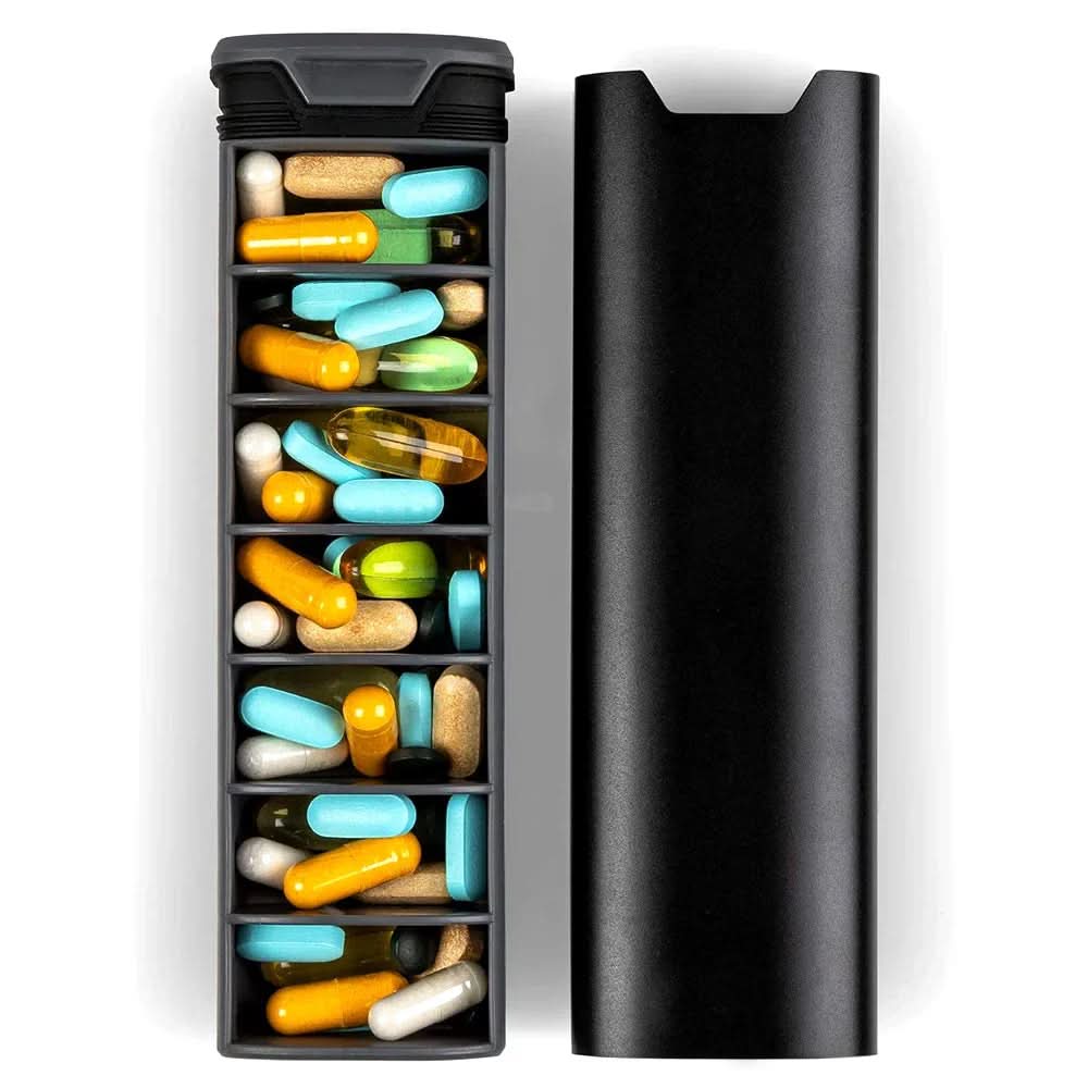 Pill Organizer with 7 Compartments – Compact and Durable, Sealed Construction, Engraved Days of the Week